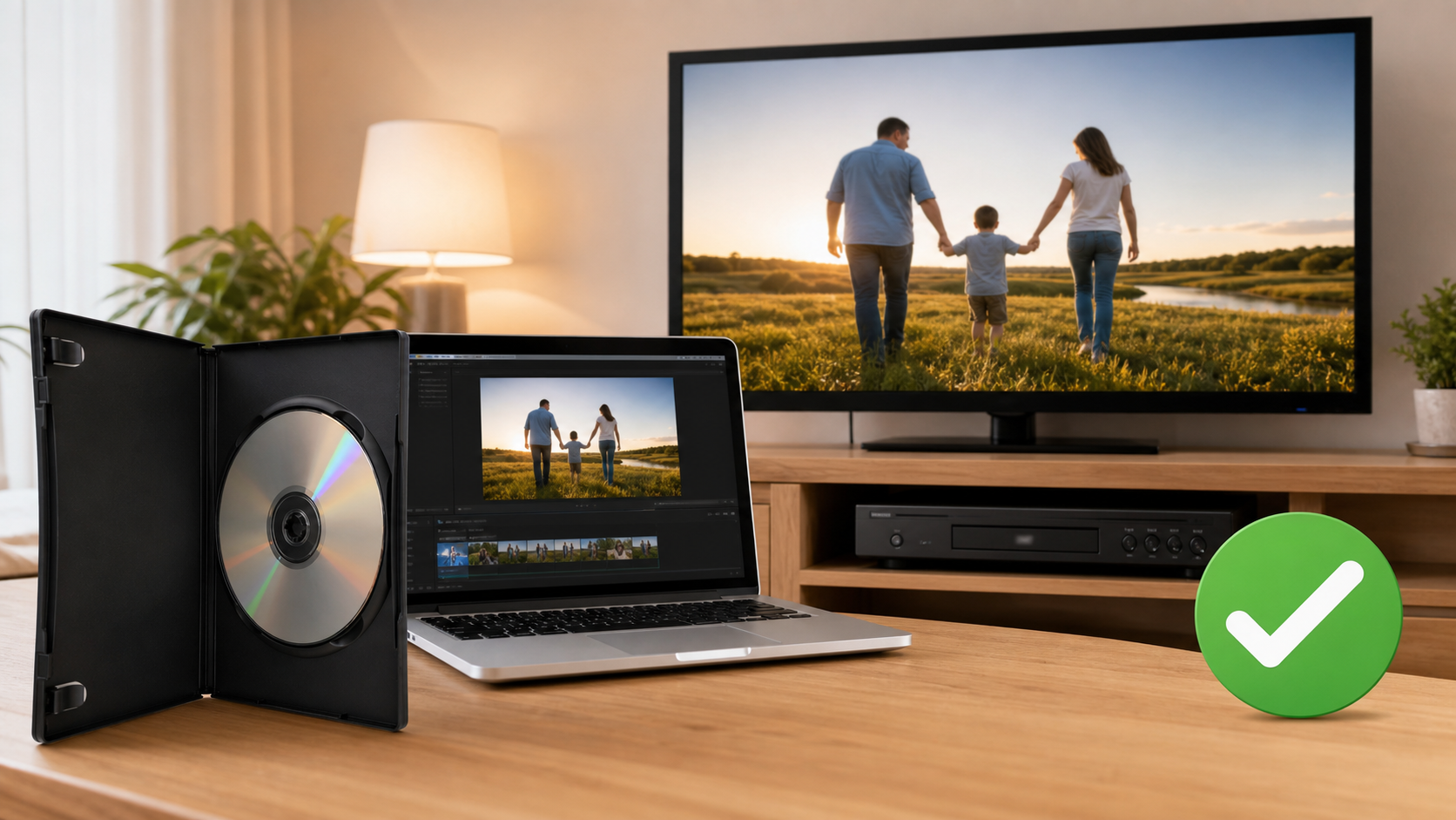DVD-Videoとして作り直したDVD-Rをテレビで再生確認する場面
