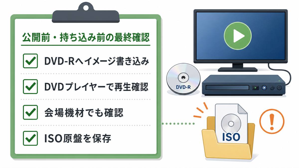 DVD-Rへのイメージ書き込み、DVDプレイヤーでの再生確認、会場機材確認、ISO原盤保存のチェックリスト図