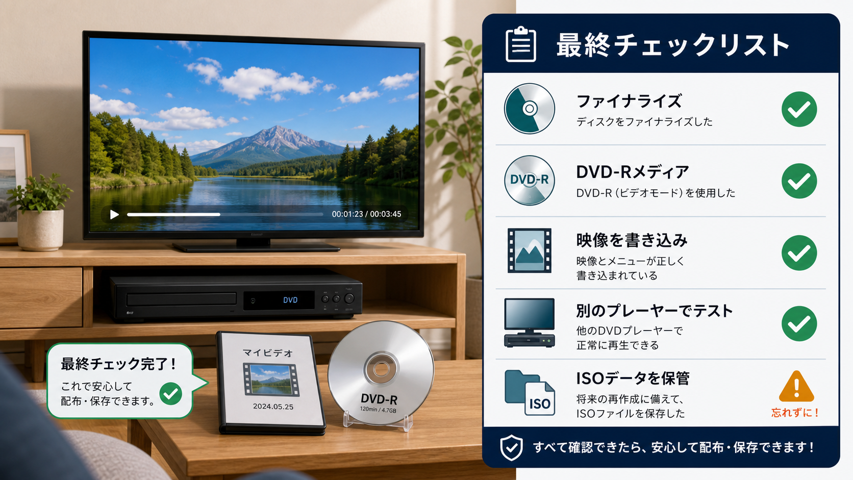 DVDプレイヤーで再生確認する前のファイナライズやDVD-Rメディアなどの最終チェックリスト