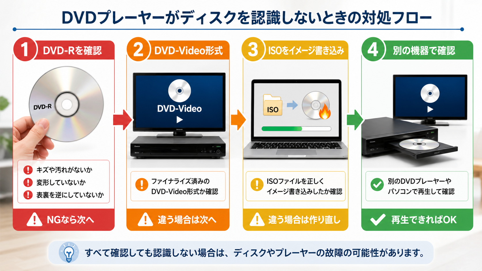 DVDプレイヤーがディスクを認識しないときの4段階の確認フロー