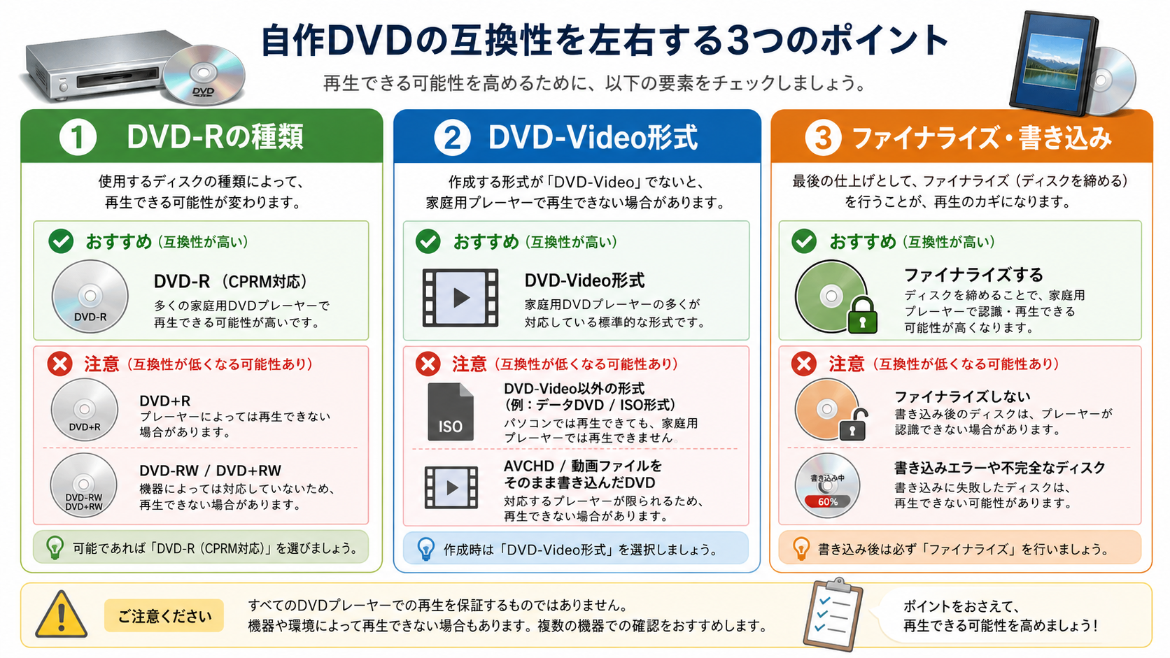 自作DVDの互換性を左右するDVD-Rの種類、DVD-Video形式、書き込みと終了処理