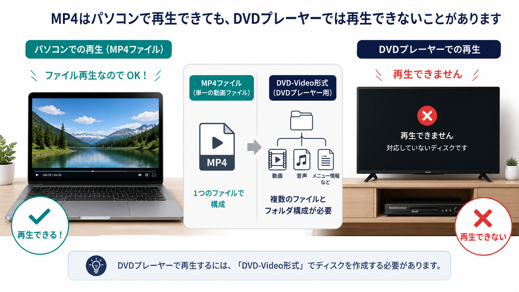 PCではMP4を再生できるがDVDプレイヤーではDVD-Video形式が必要なことを示す図