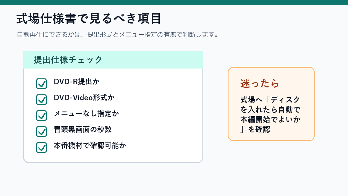 式場仕様書でプロフィールムービーDVDの自動再生設定を確認する項目