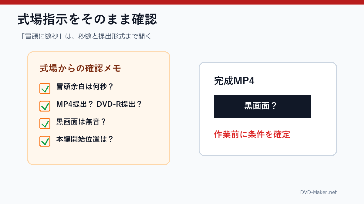 式場から冒頭に数秒空けるよう指示されたときに確認する提出形式と秒数