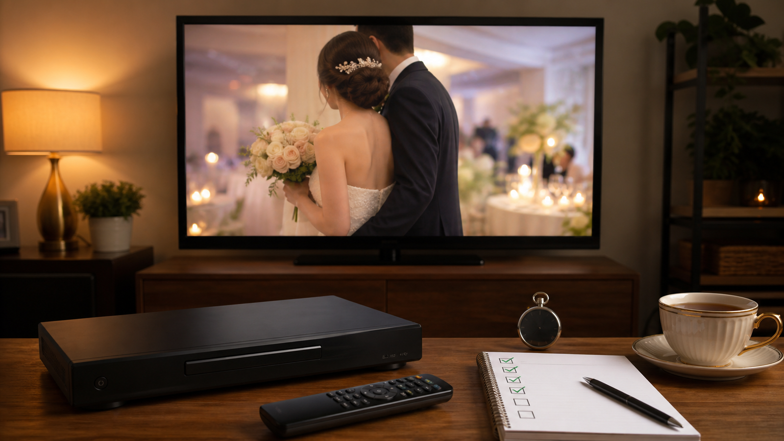 結婚式DVDを前日までにDVDプレーヤーで最後まで通し再生する様子