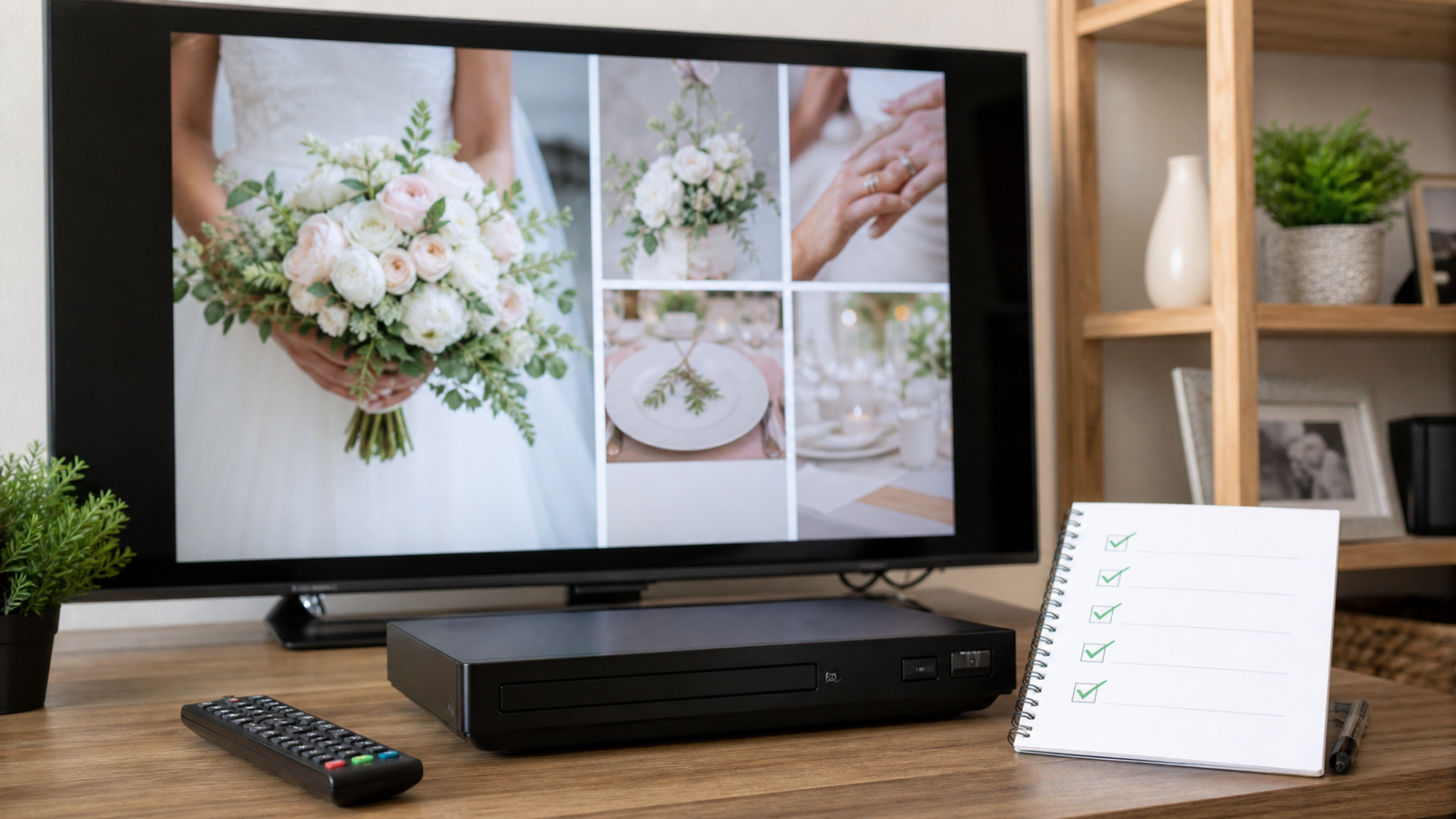 結婚式DVDを家庭用DVDプレーヤーとテレビで再生確認する様子