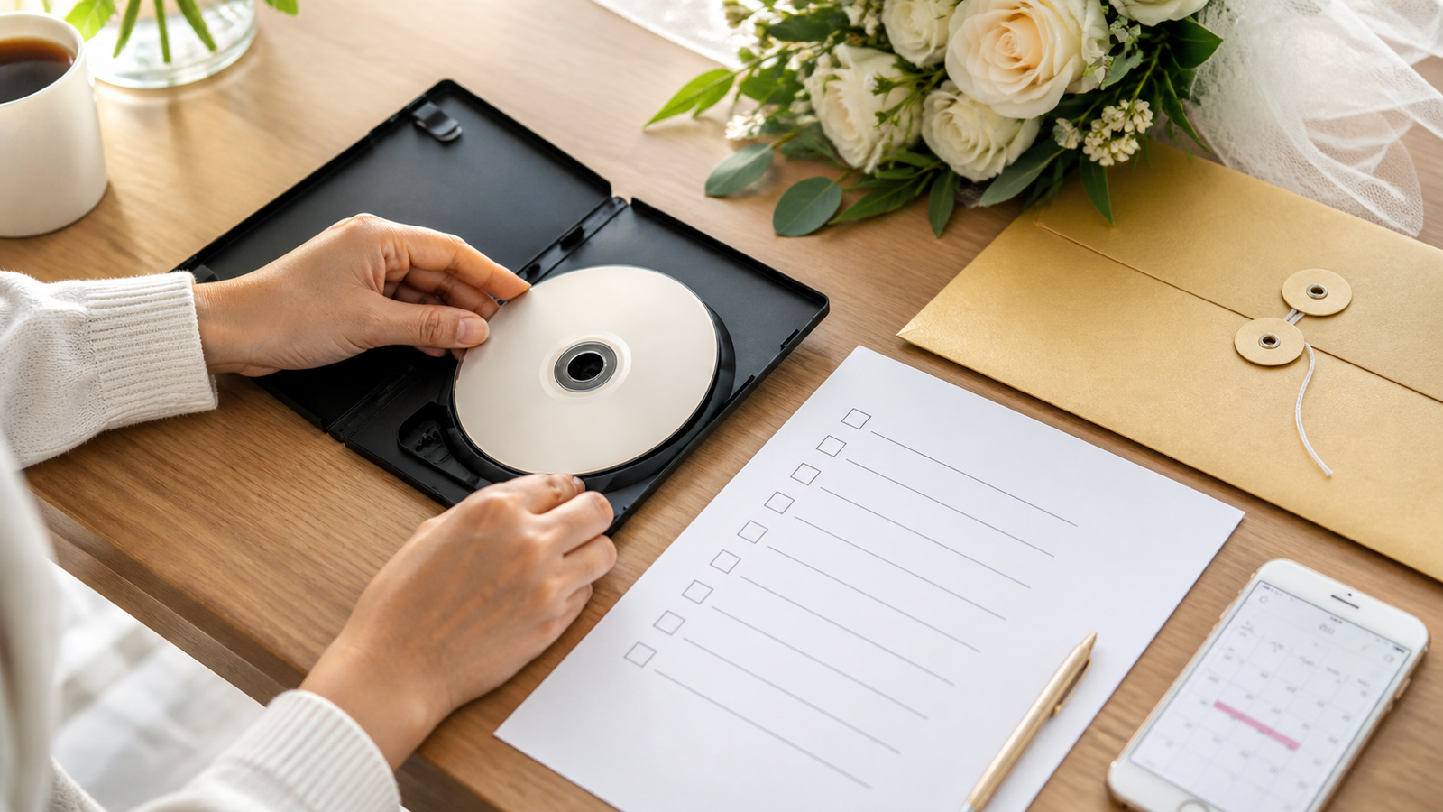 結婚式DVDを式場へ持ち込む前にDVDケースとチェックリストを確認する様子