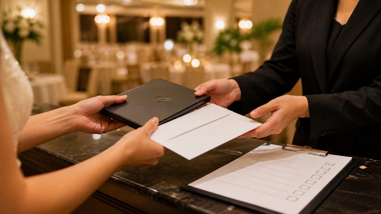 結婚式場でスタッフへDVDケースと提出封筒を受け渡す様子