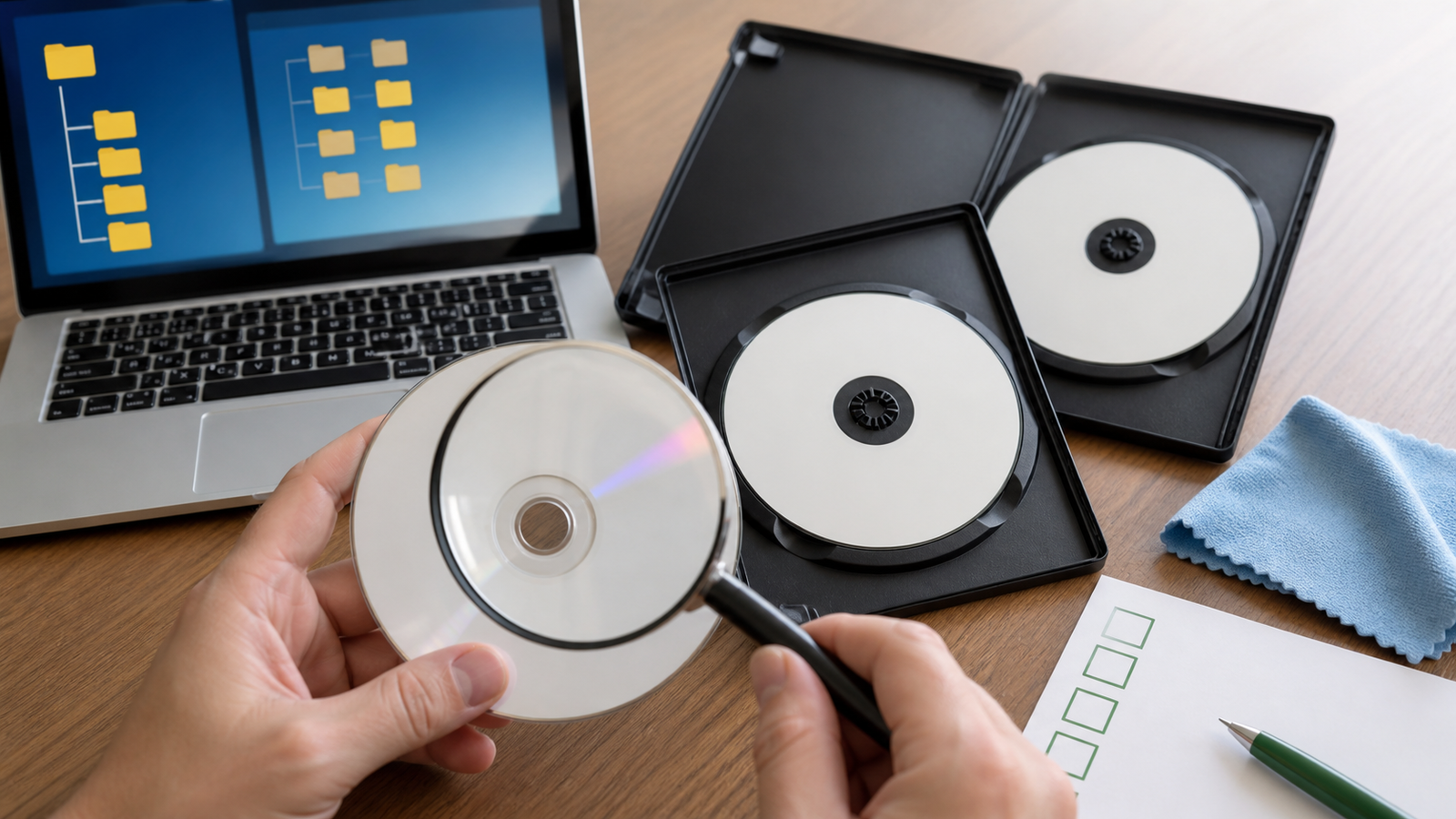 結婚式DVDのディスク面と予備ディスクとDVD-Video形式を確認する様子