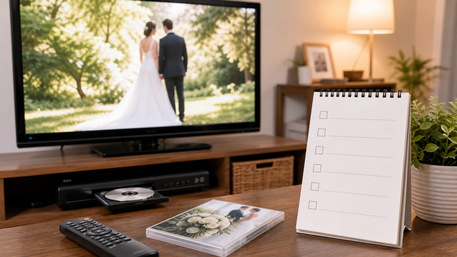 家のテレビとDVDプレーヤーで結婚式DVDを再生確認する様子