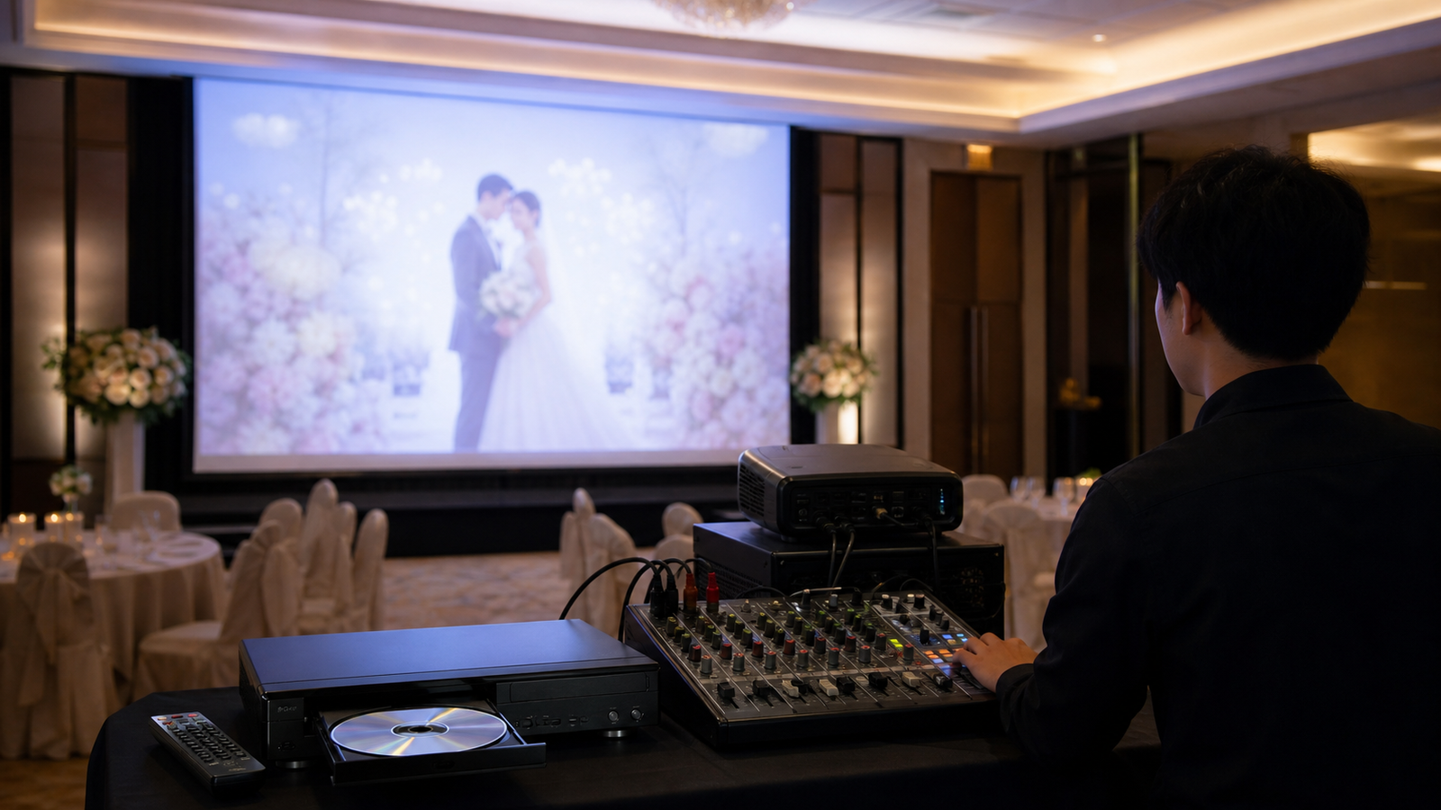 式場のプロジェクターとAV機材で結婚式DVDをテスト再生する様子