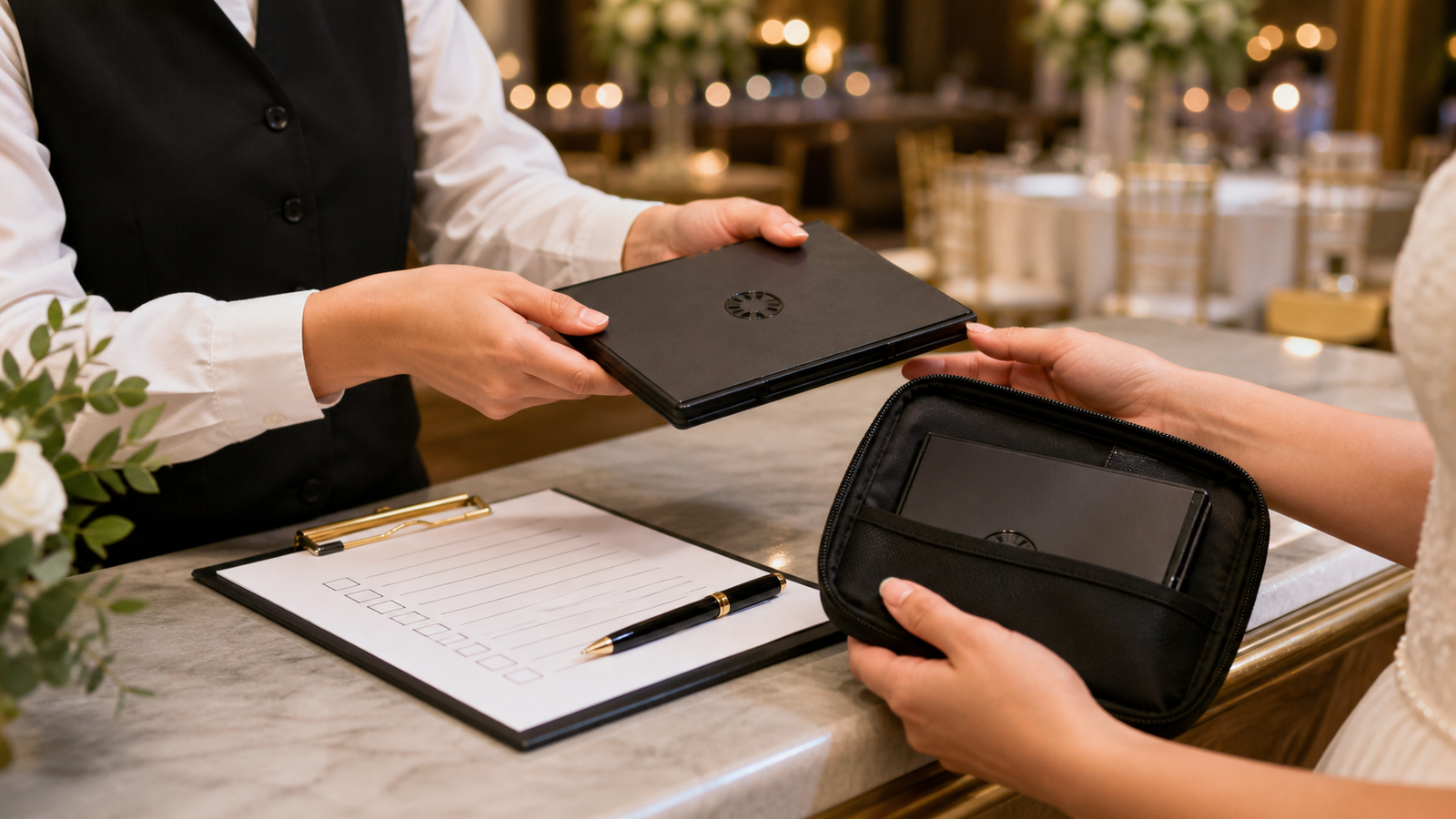 結婚式DVDの本番用を式場スタッフへ渡し予備を手元に残す様子