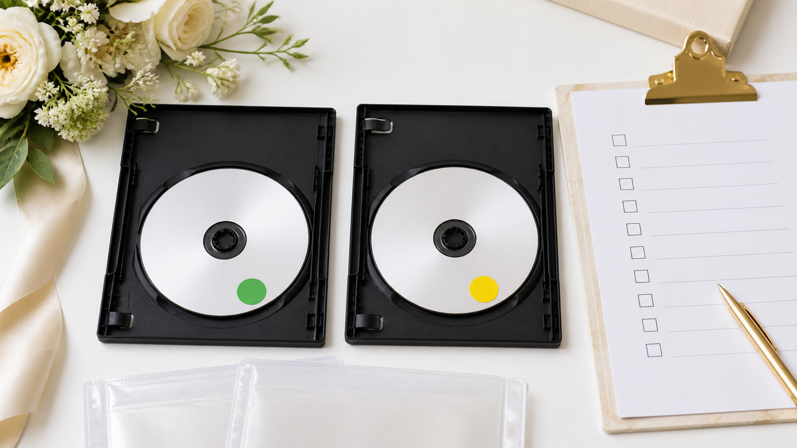 結婚式DVDを本番用と予備用の2枚に分けて準備する様子