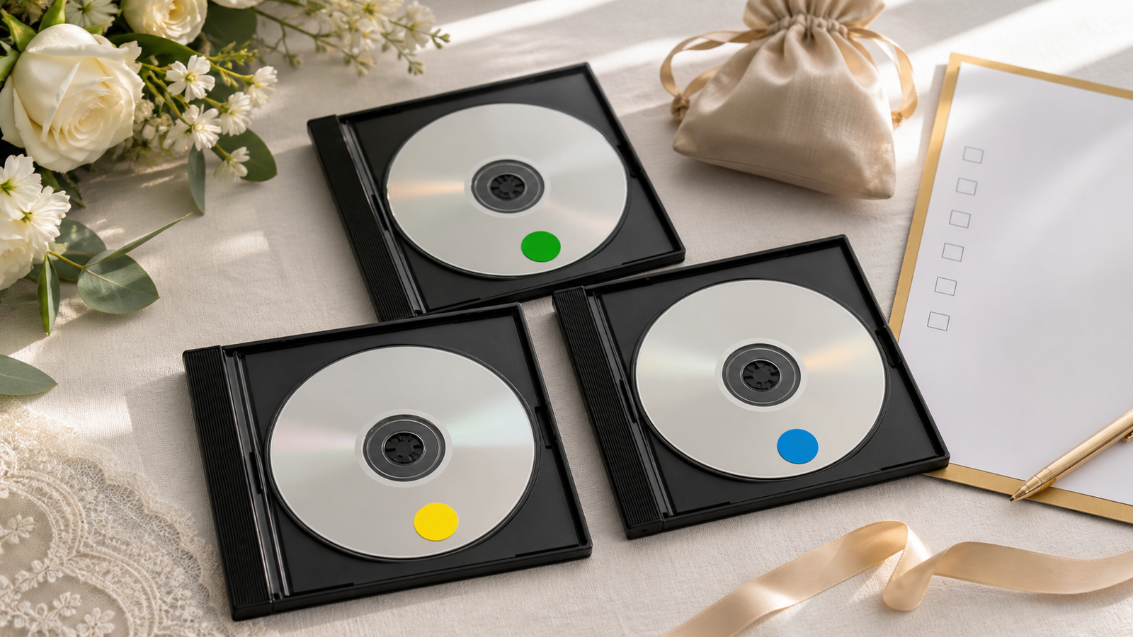 結婚式DVDを3枚用意して本番用、予備用、手元保管用に分ける様子