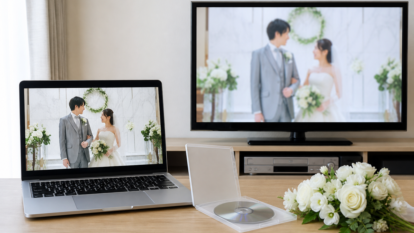 HDの結婚式ムービーとDVD再生時の画質差を比較する様子