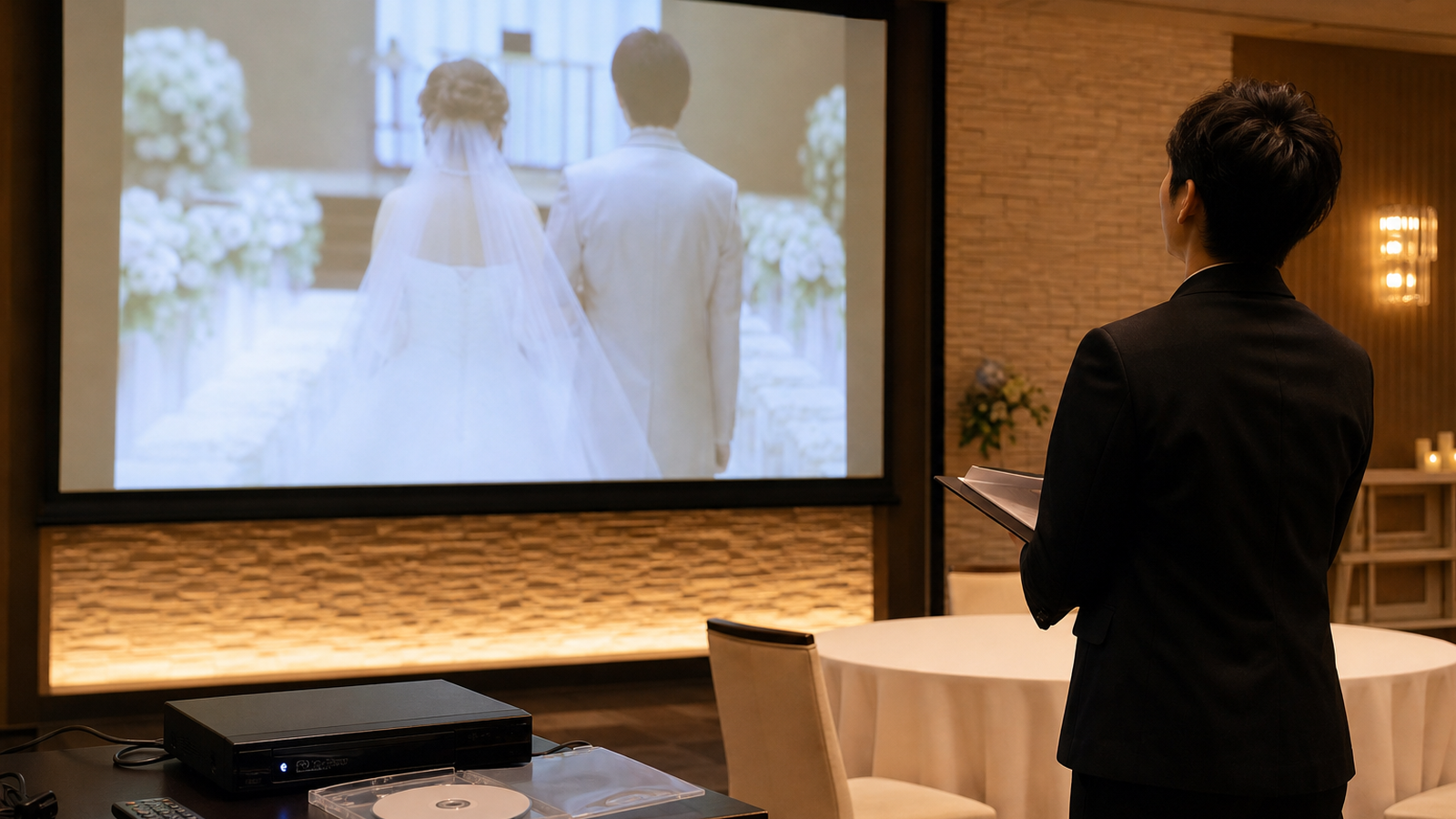 結婚式場のスクリーンでDVD画質を通常の視聴距離から確認する様子