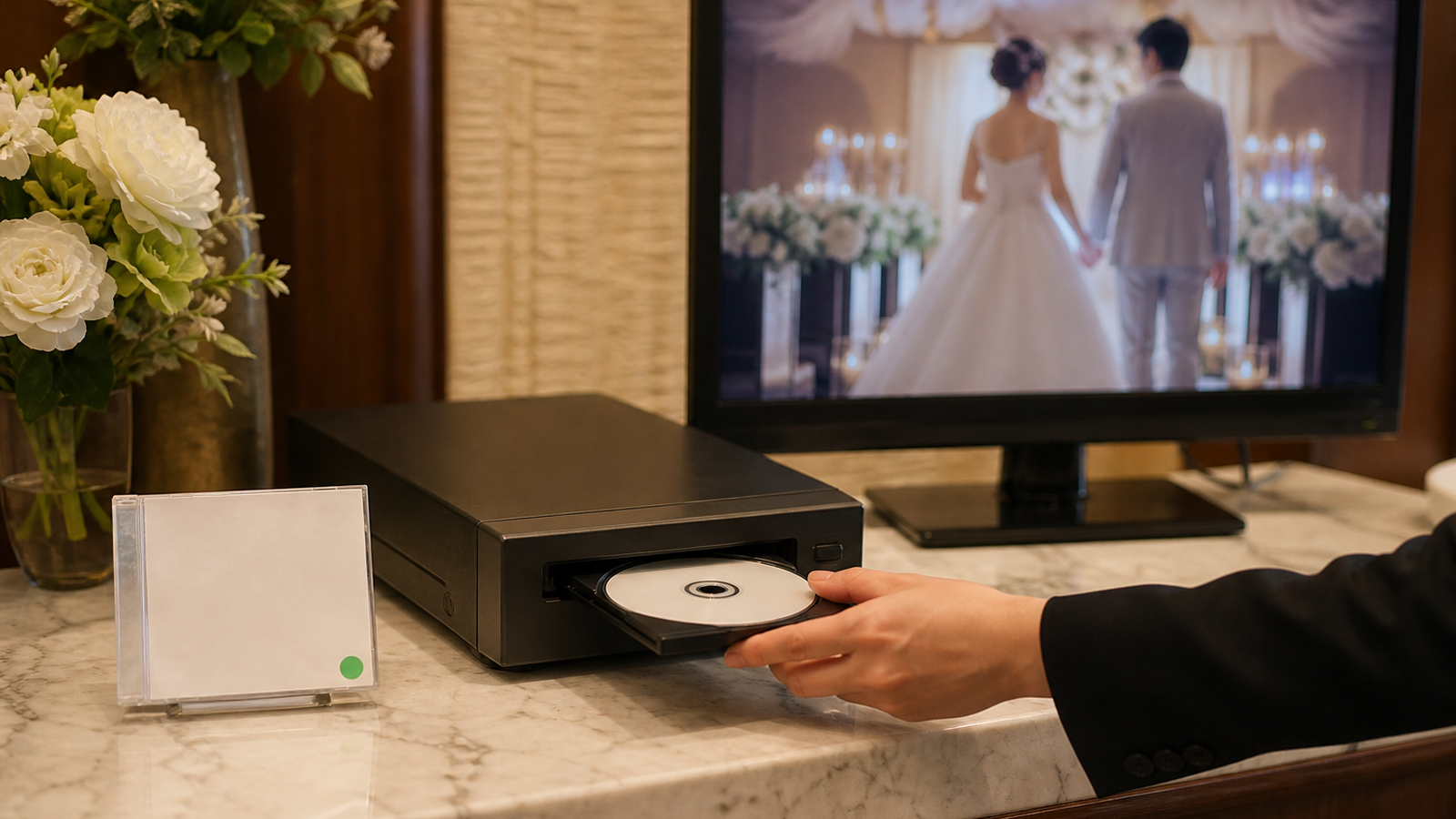 結婚式DVDを式場のDVDプレイヤーで再生確認する様子