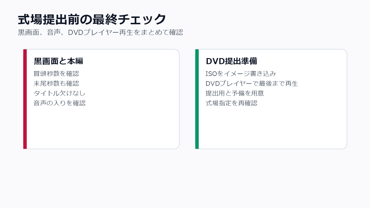 結婚式ムービーを式場へ提出する前の黒画面とDVD再生チェックリスト