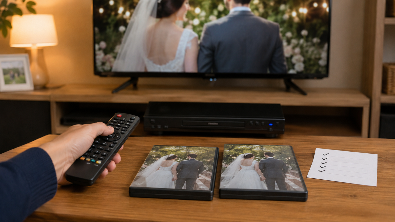 原本DVDと追加コピーDVDをテレビとDVDプレイヤーで再生確認している様子