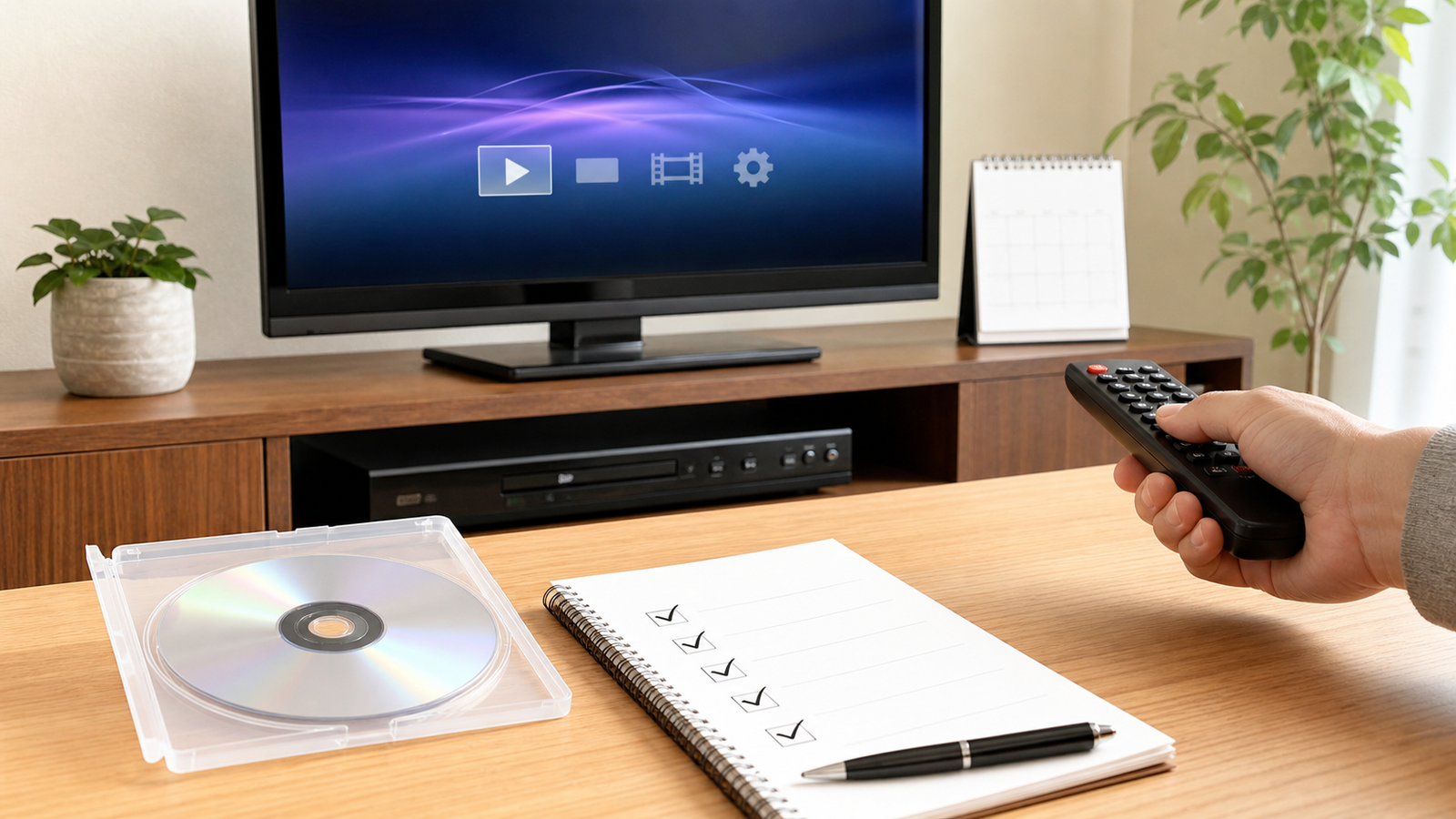 完成したDVDをテレビとDVDプレイヤーで最終確認する様子
