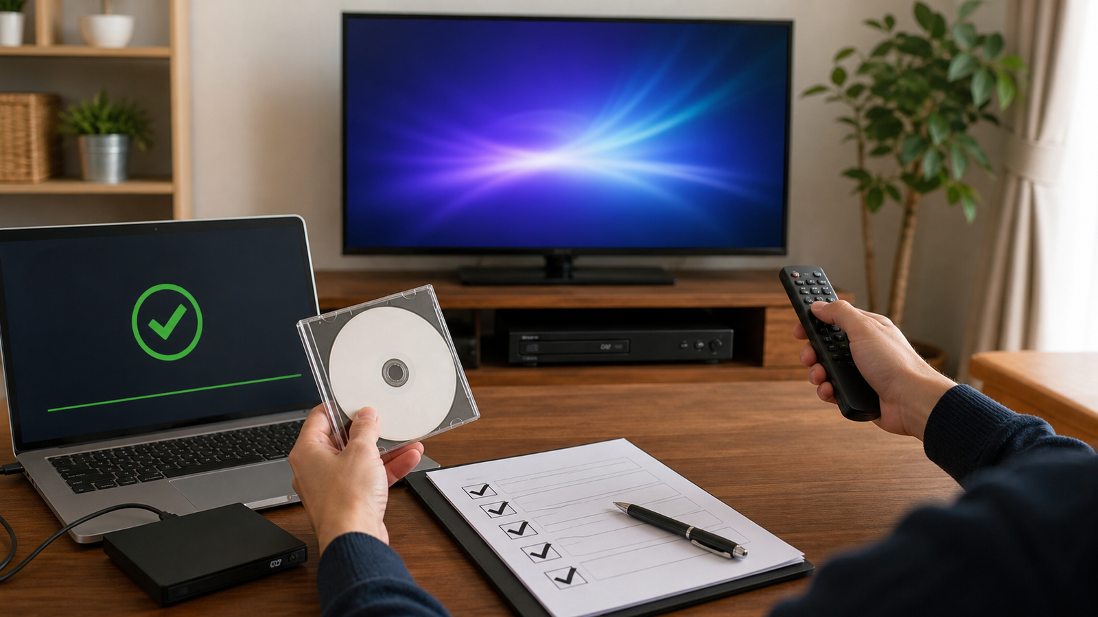 完成したDVD-RをテレビとDVDプレイヤーで確認する様子