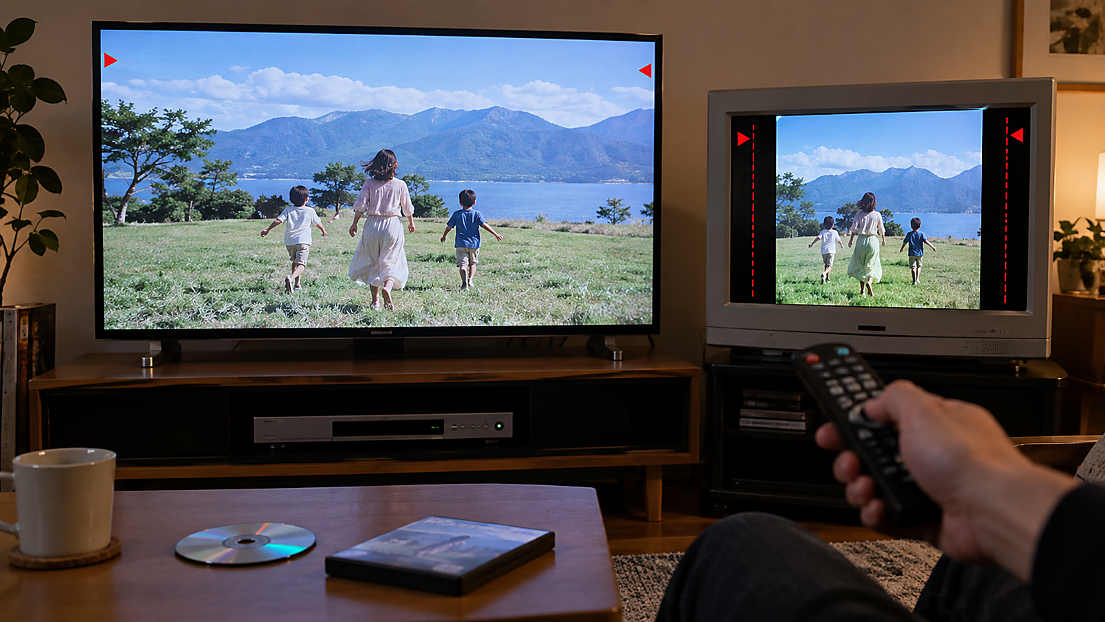 16:9と4:3のDVD表示をテレビと古いモニターで確認している様子