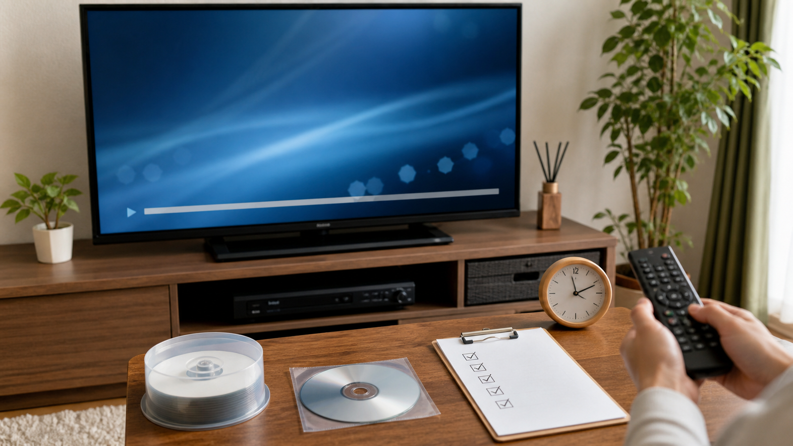 DVD-Rを書き込んだ後にテレビとDVDプレイヤーで再生確認する様子