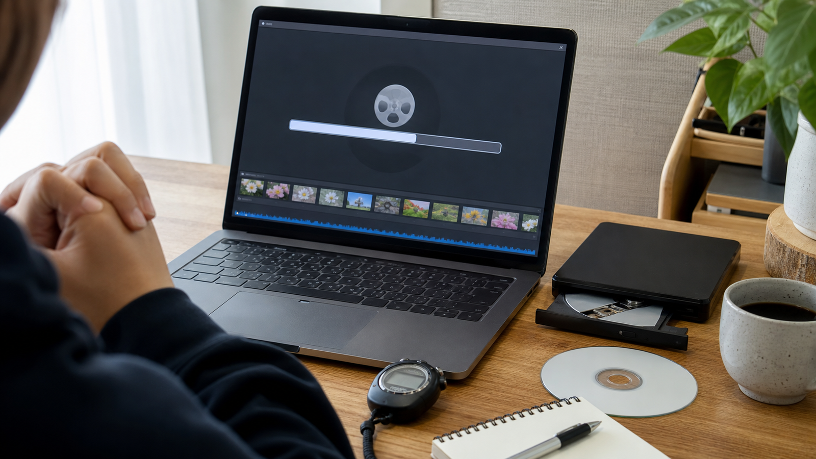 DVDオーサリングの進捗を待つPCと外付けDVDドライブ