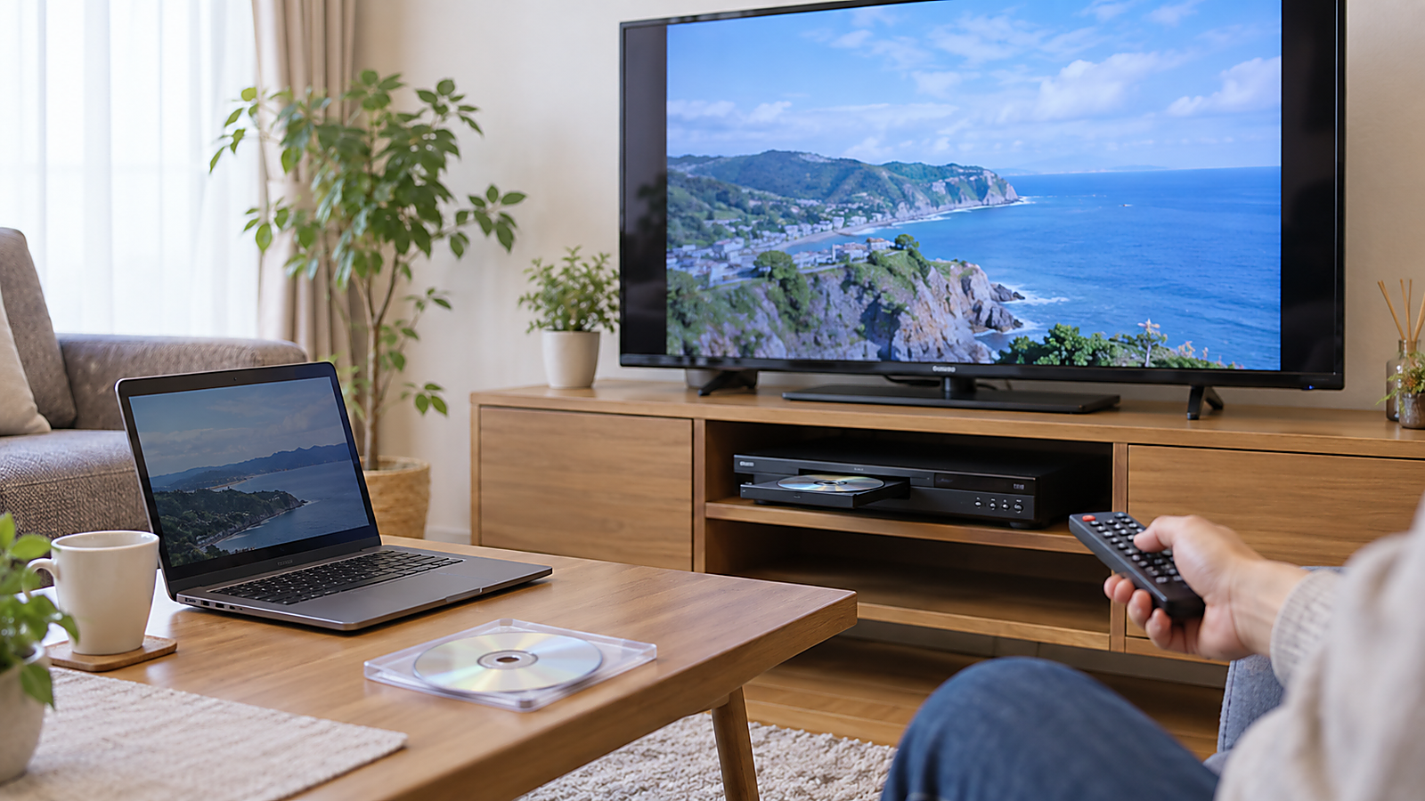メニュー画面なしでDVDを入れると本編が自動再生されるか確認しているリビング