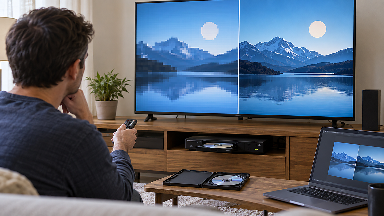 DVDプレイヤーでビットレート設定後の再生画質を確認している様子