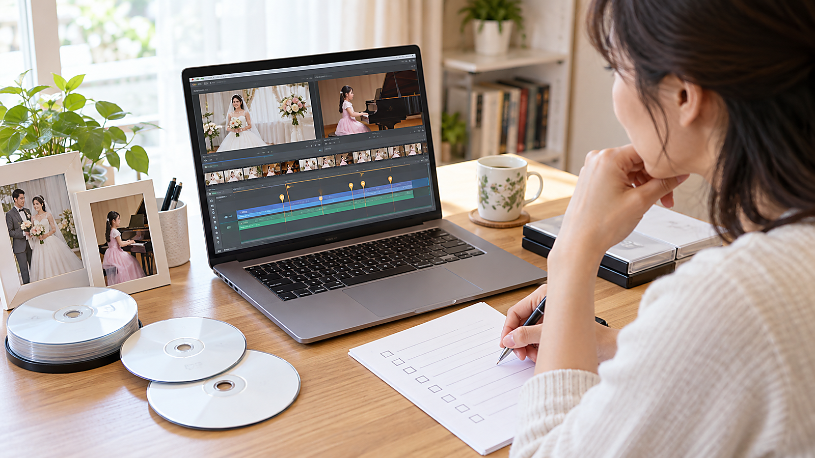結婚式や発表会DVDにチャプターを入れるか動画タイムラインを見ながら考えている机