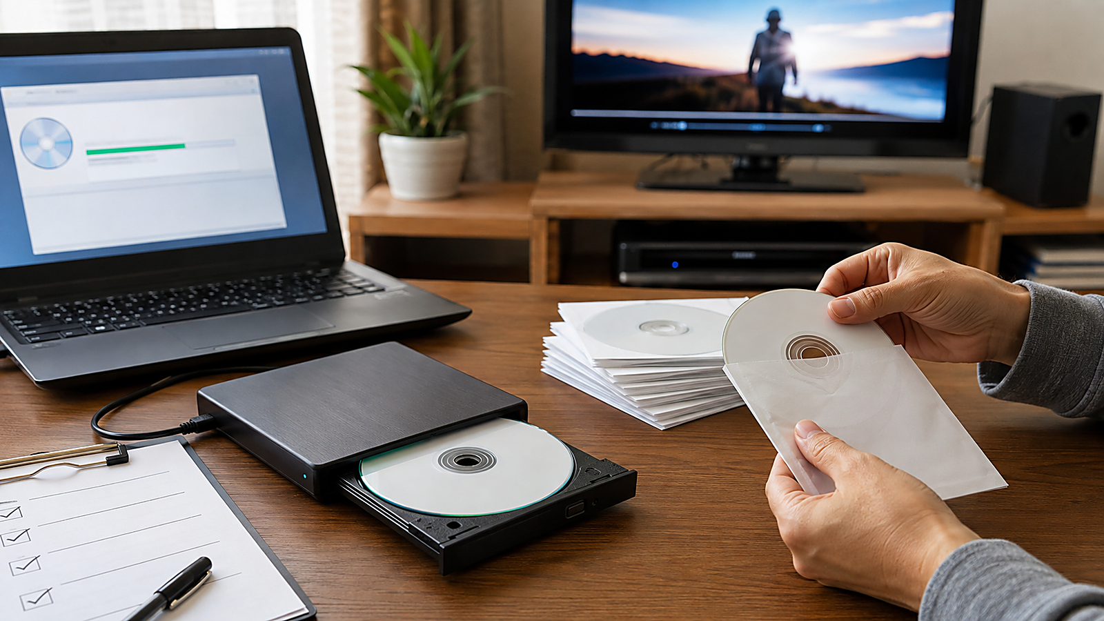 自分でDVD-Rに書き込みを行いDVDプレイヤーで再生確認している様子