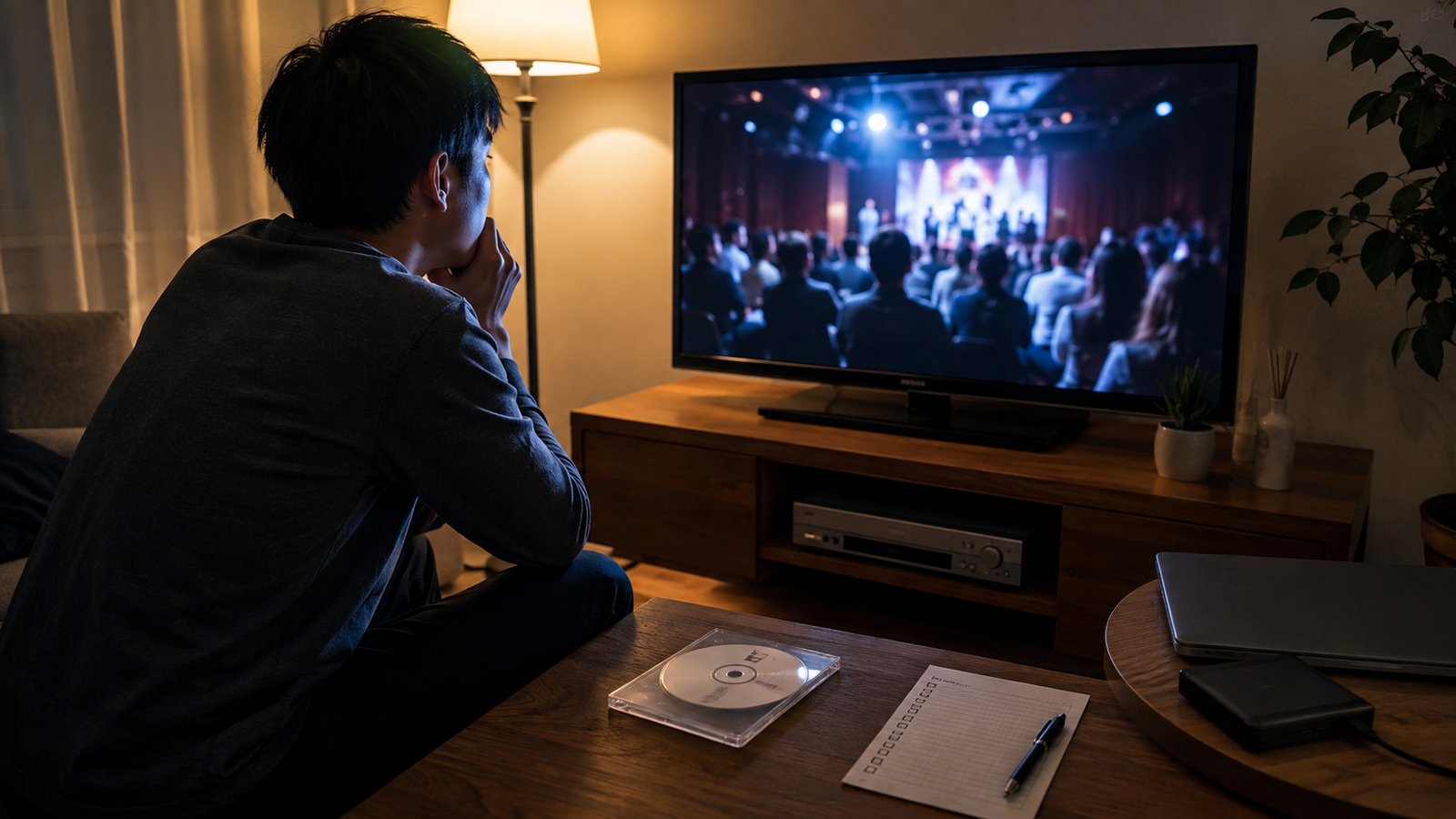 夜中に作成したDVDをテレビとDVDプレイヤーで最終確認している様子