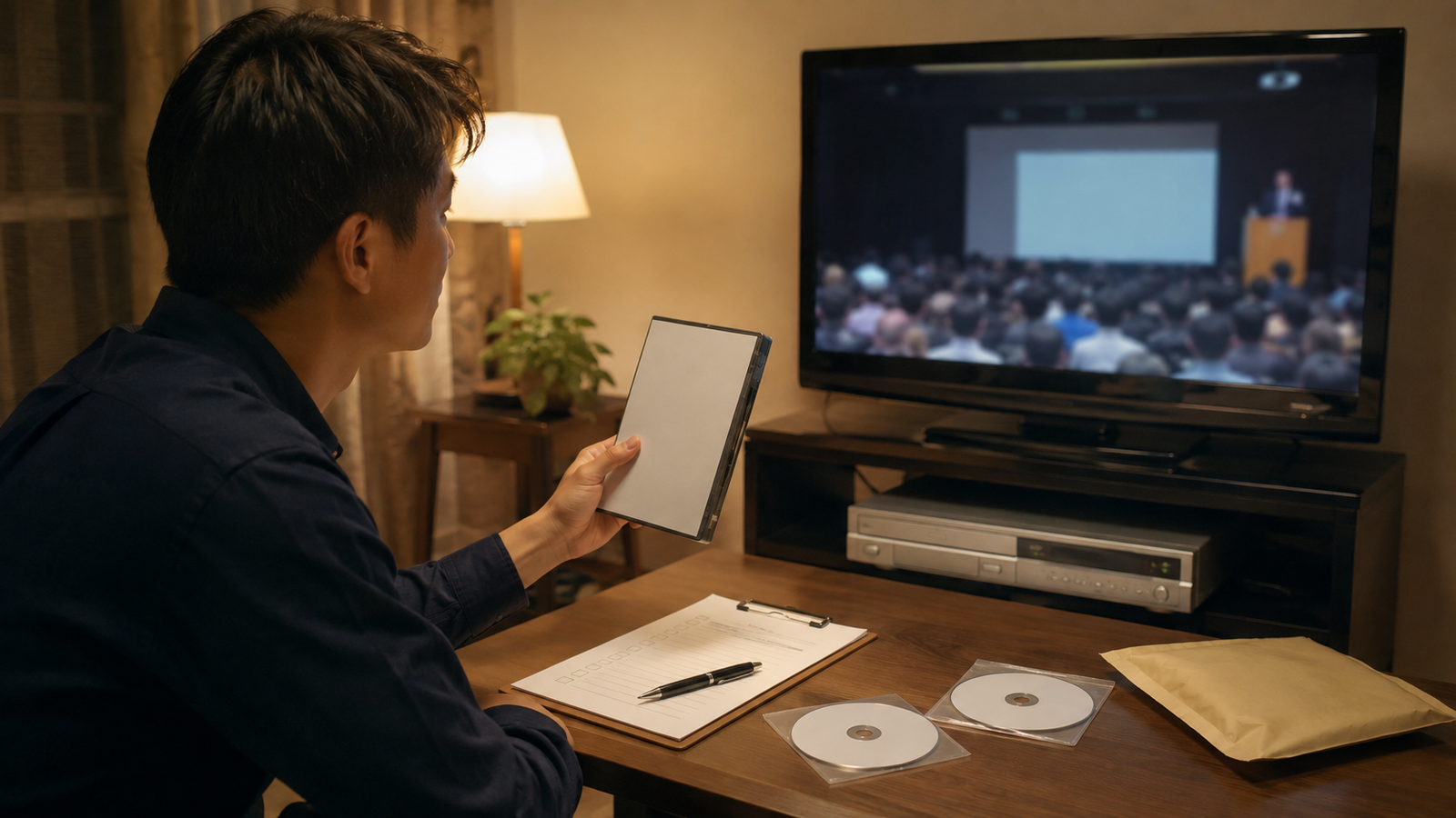 明日渡すDVDをテレビとDVDプレイヤーで最終確認している様子