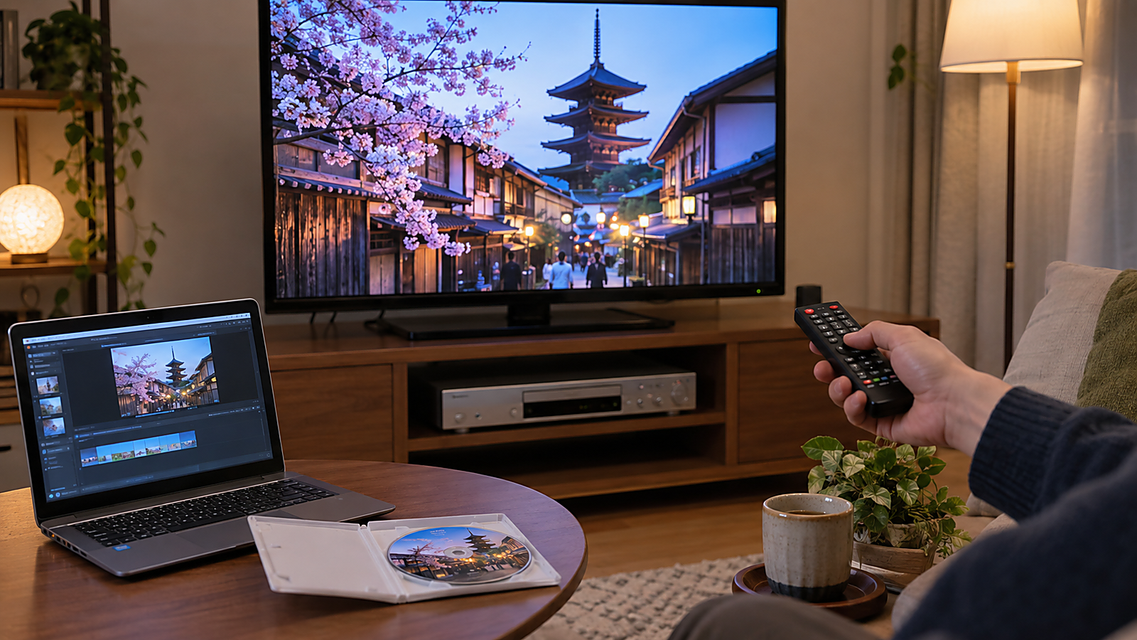 日本向けNTSCのDVDを作成後に家庭用DVDプレイヤーとテレビで再生確認している様子