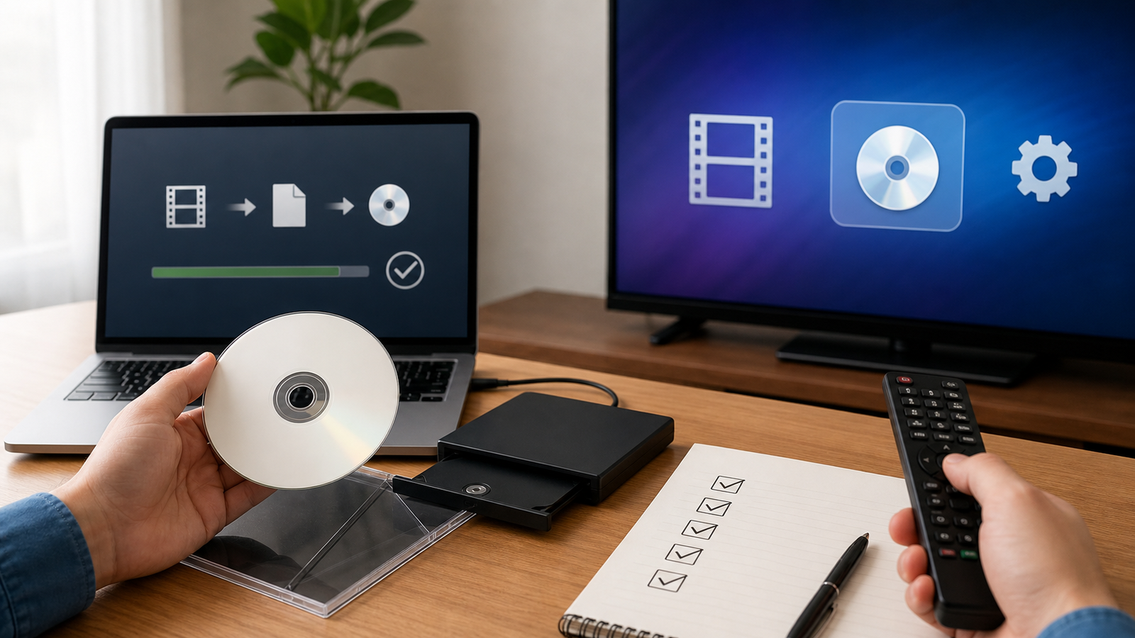 DVD設定を直した後にDVD-Rとテレビで最終確認する様子