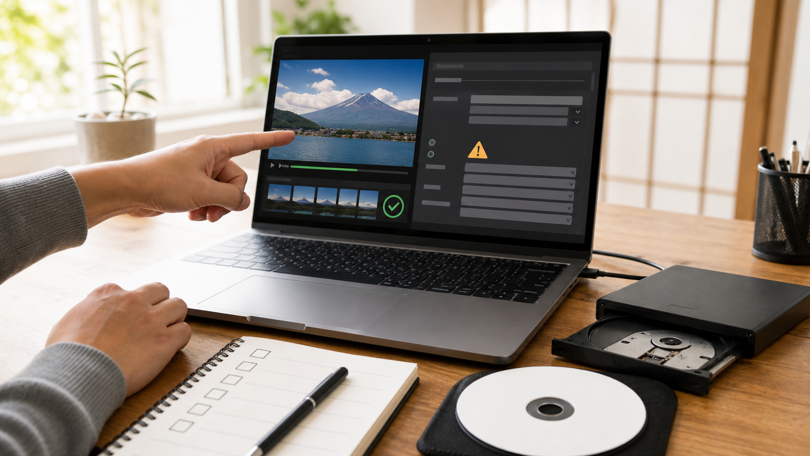 書き出し済みMP4とDVD用設定ミスを確認するPC画面