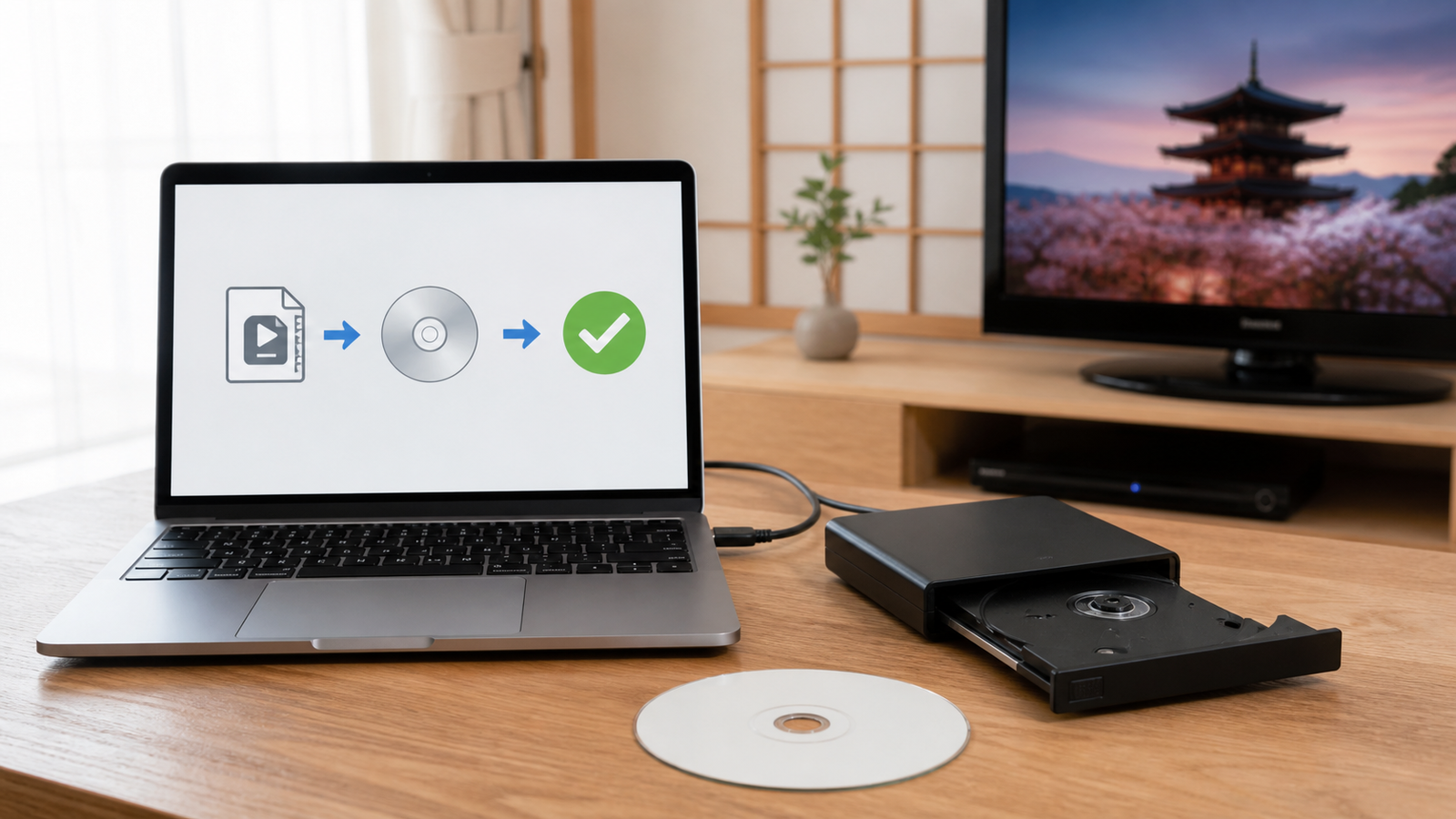 最低限の設定でDVD作成後にDVD-RとDVDプレイヤーで確認する様子