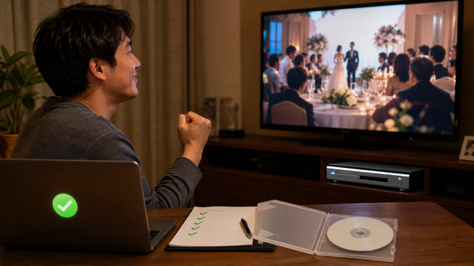 作成したDVDをテレビとDVDプレイヤーで最終確認している様子