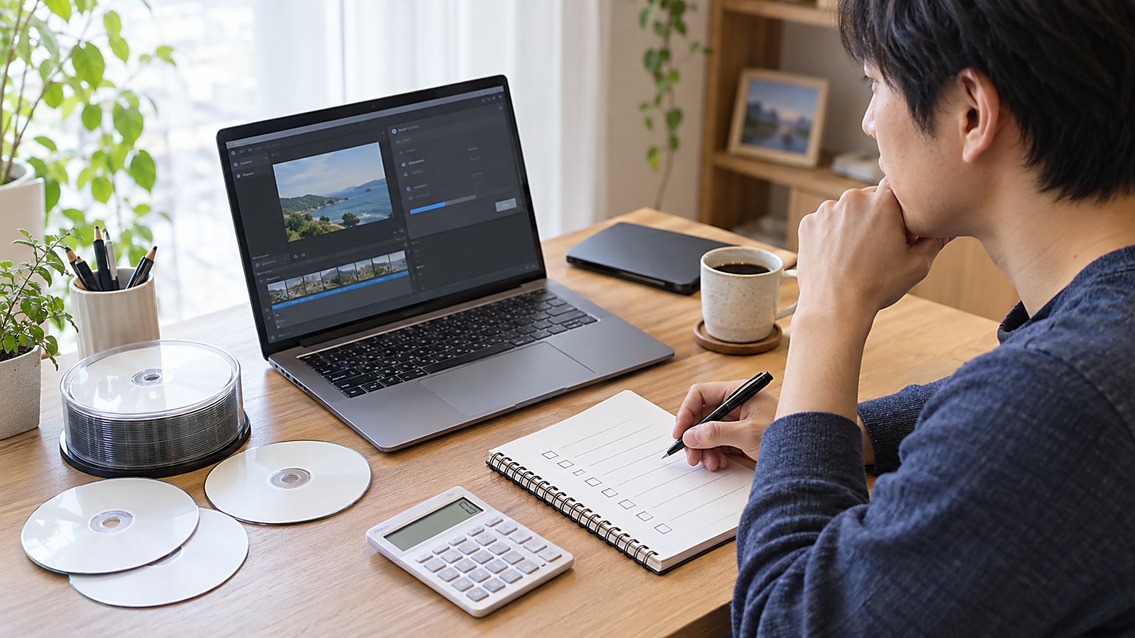 DVD-Rの4.7GBに動画が何分入るかをノートと電卓で確認している机