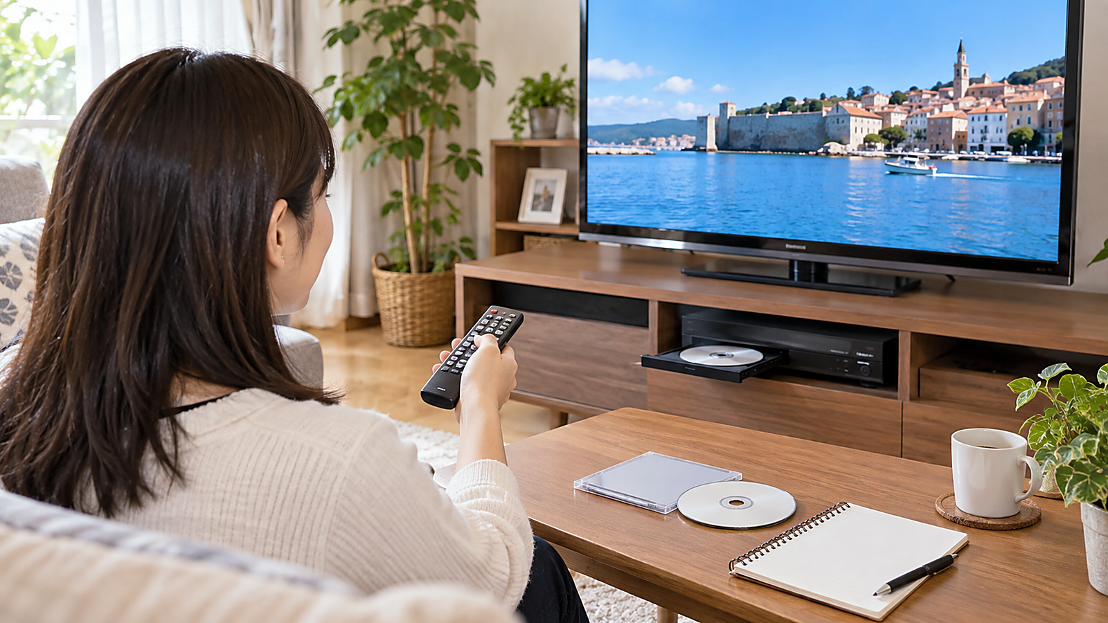 DVD-Rに書き込んだ長時間DVDを家庭用DVDプレイヤーで再生確認しているリビング