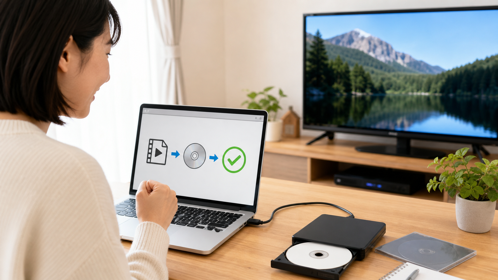 完成したDVDをDVDプレイヤーとテレビで確認する様子