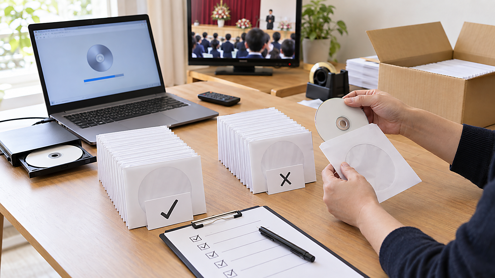 卒園DVDや卒団DVDを30枚書き込んだ後に確認済みと未確認に分けて検品している様子