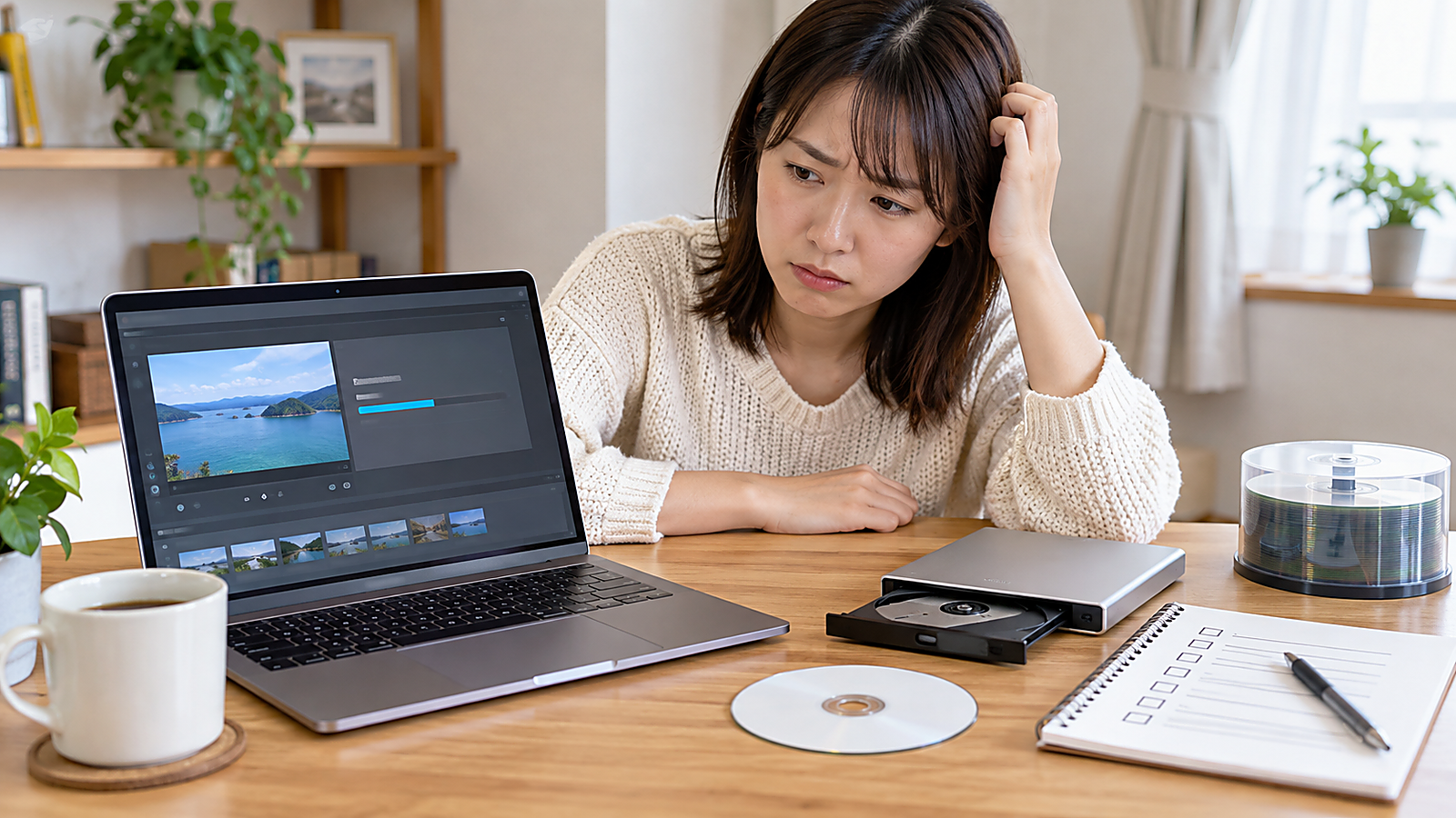 MacでMP4は書き出せたがDVD-Video作成方法が分からず外付けDVDドライブの前で迷っている様子