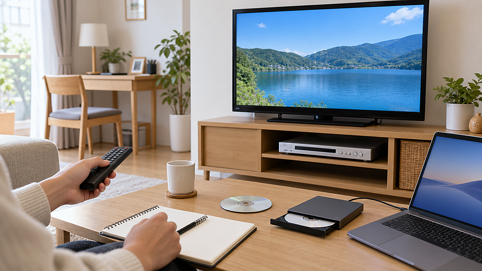 Macで作成したDVD-Videoを家庭用DVDプレイヤーとテレビで再生確認している様子