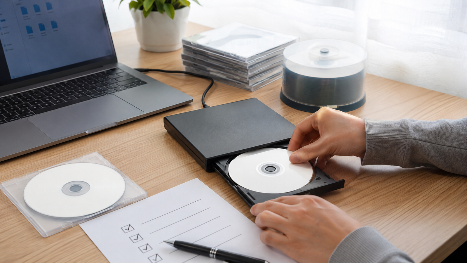 同じDVDを複数枚作るためにDVD-Rと外付けDVDドライブを準備している様子