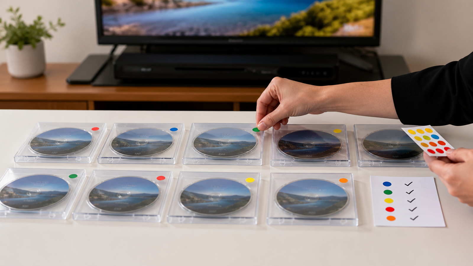 複数枚作成したDVDをケースに並べて再生確認済みとして管理している様子