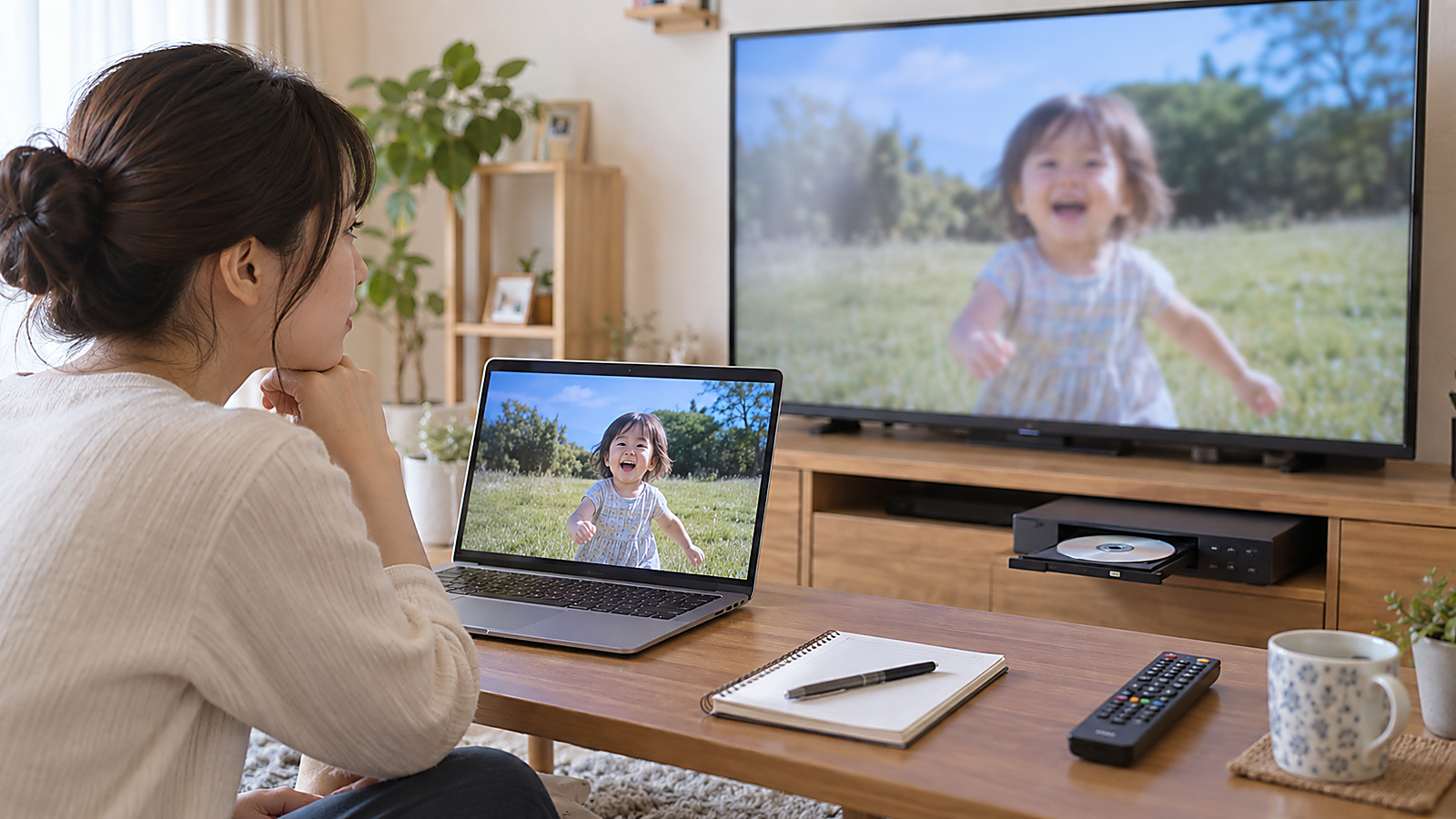元MP4とDVDプレイヤー再生を見比べて画質と再生状態を確認している様子