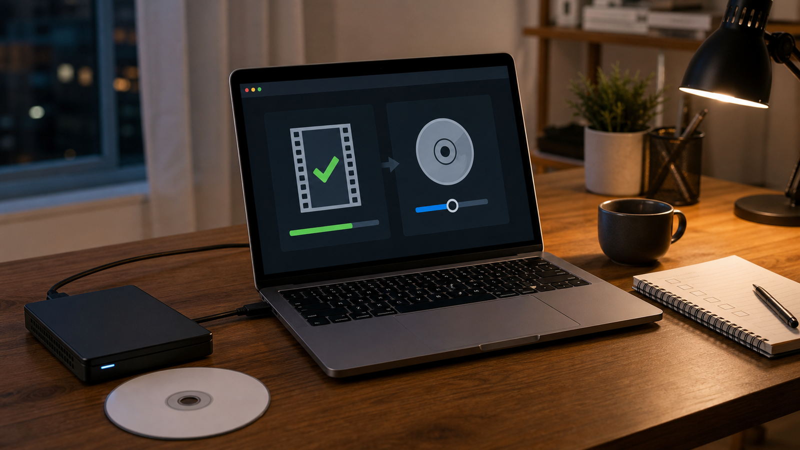 完成MP4からDVD作成の最後の工程へ進むPCとDVDドライブ