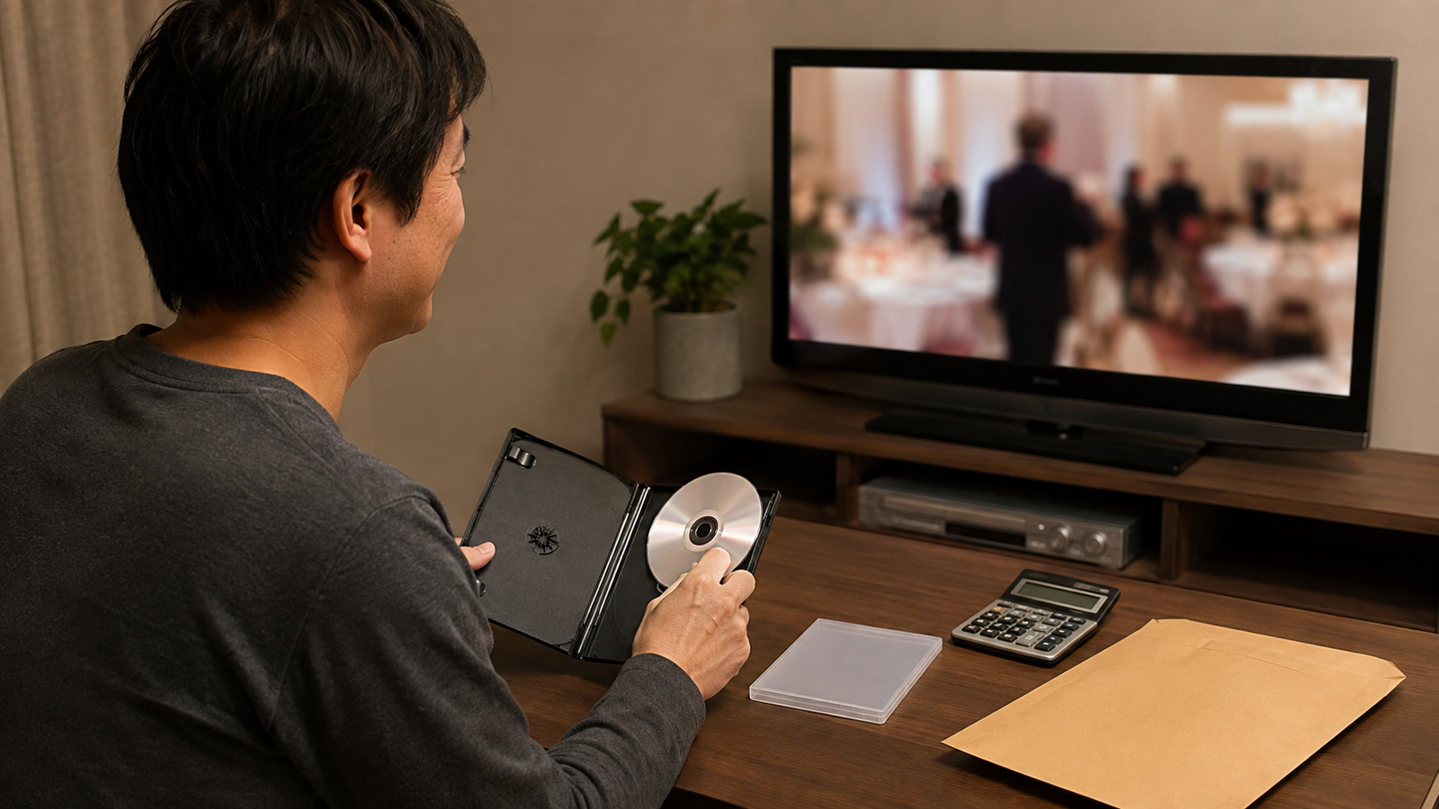 自作したDVDをテレビとDVDプレイヤーで確認し費用と納期を判断している様子
